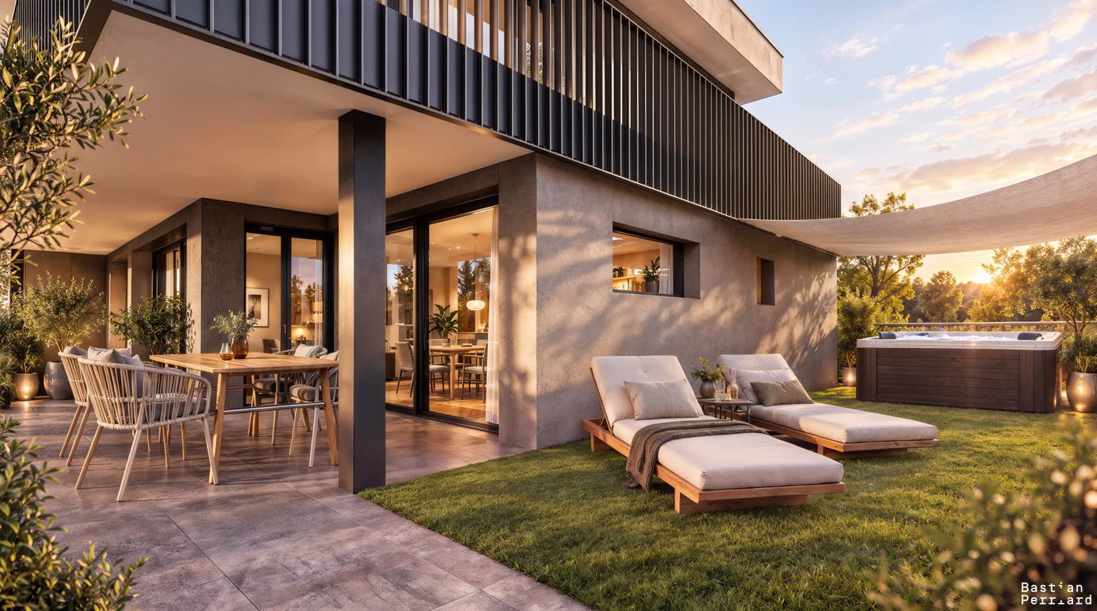 Terrasse et jardin privatif au coucher du soleil